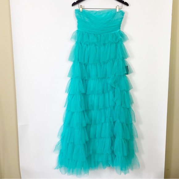 Lulus Teal Green Tulle Strapless MaxiDress Elegant Wedding Guest Party Ball Sz L - Picture 2 of 9